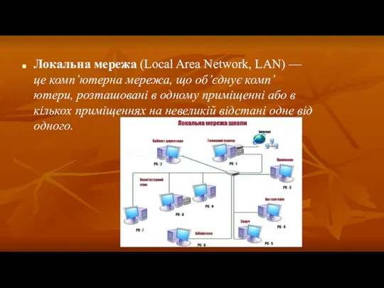 Локальна мережа (Local Area Network, LAN) — це комп’ютерна мережа,