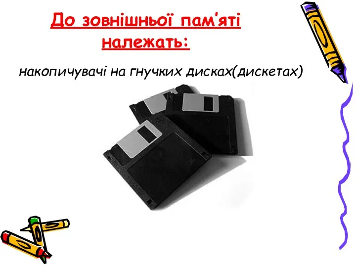 До зовнішньої пам’яті належать: накопичувачі на гнучких дисках(дискетах)