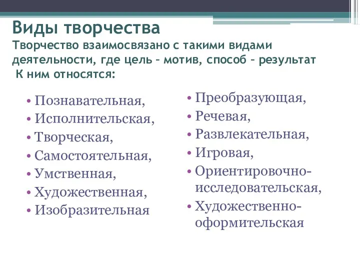 Виды творчества Творчество взаимосвязано с такими видами деятельности, где цель