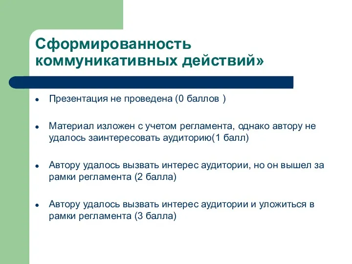 Сформированность коммуникативных действий» Презентация не проведена (0 баллов ) Материал