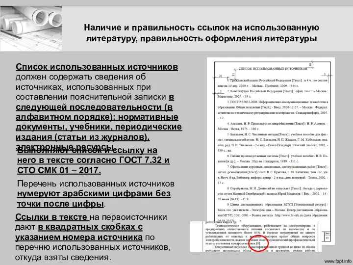 Наличие и правильность ссылок на использованную литературу, правильность оформления литературы