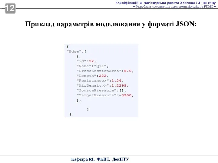 Приклад параметрів моделювання у форматі JSON: Кафедра КІ, ФКНТ, ДонНТУ