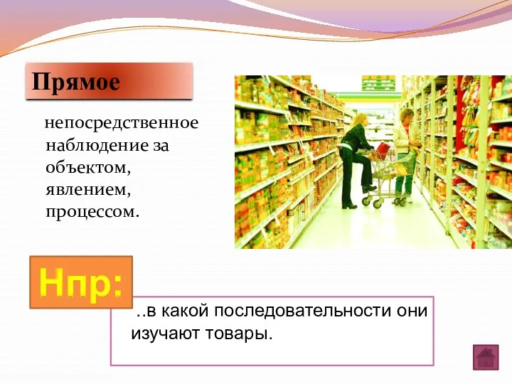 непосредственное наблюдение за объектом, явлением, процессом. Прямое ..в какой последовательности они изучают товары. Нпр: