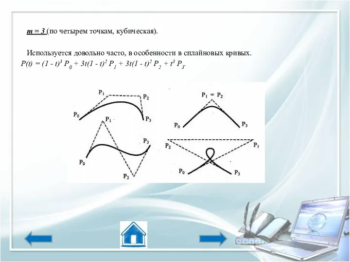 m = 3 (по четырем точкам, кубическая). Используется довольно часто,