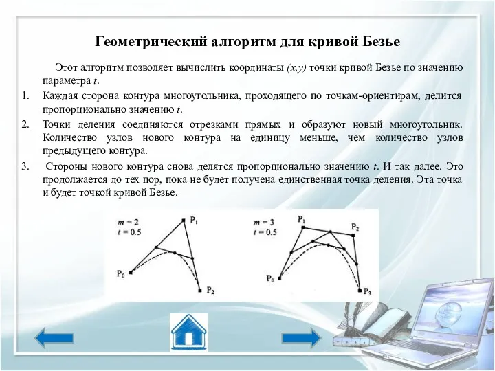 Геометрический алгоритм для кривой Безье Этот алгоритм позволяет вычислить координаты