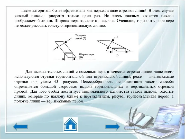 Такие алгоритмы более эффективны для перьев в виде отрезков линий.