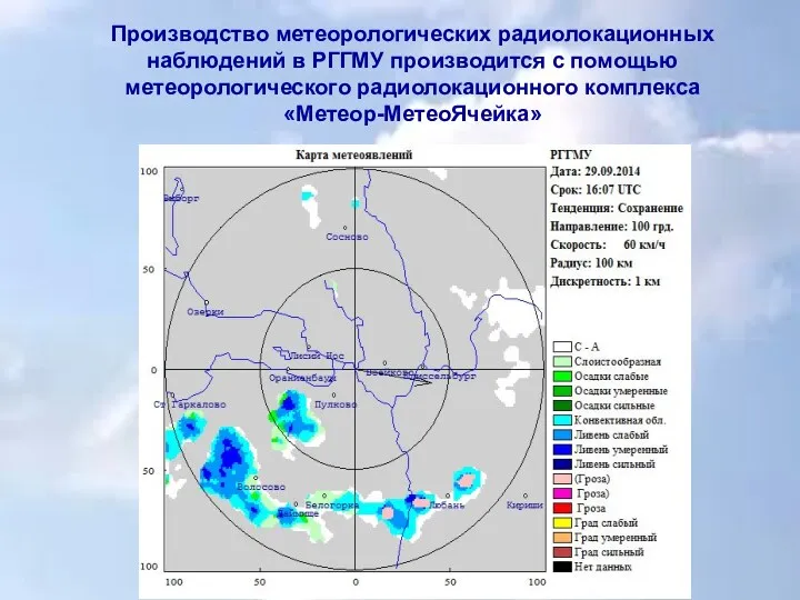 . Производство метеорологических радиолокационных наблюдений в РГГМУ производится с помощью метеорологического радиолокационного комплекса «Метеор-МетеоЯчейка»