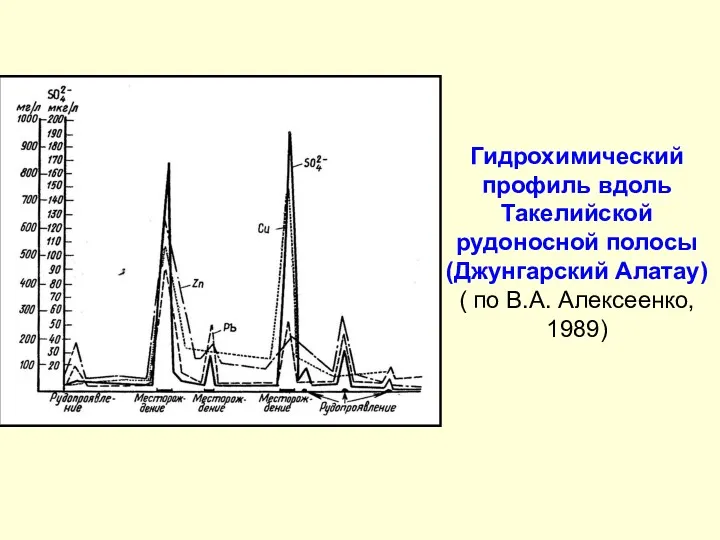 Гидрохимический профиль вдоль Такелийской рудоносной полосы (Джунгарский Алатау) ( по В.А. Алексеенко, 1989)