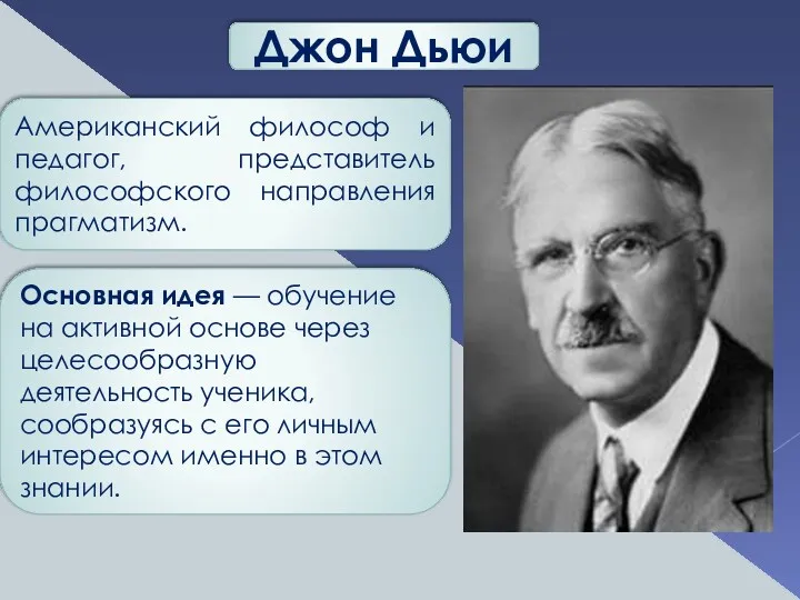 Джон Дьюи Американский философ и педагог, представитель философского направления прагматизм. Основная идея —