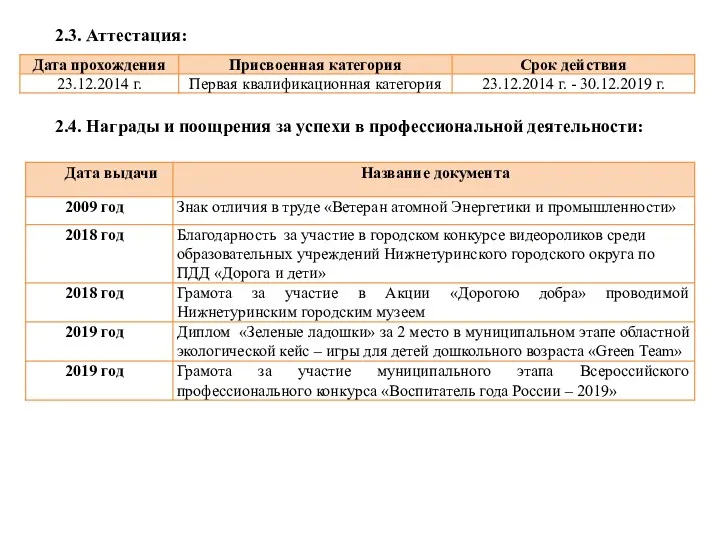 2.3. Аттестация: 2.4. Награды и поощрения за успехи в профессиональной деятельности: