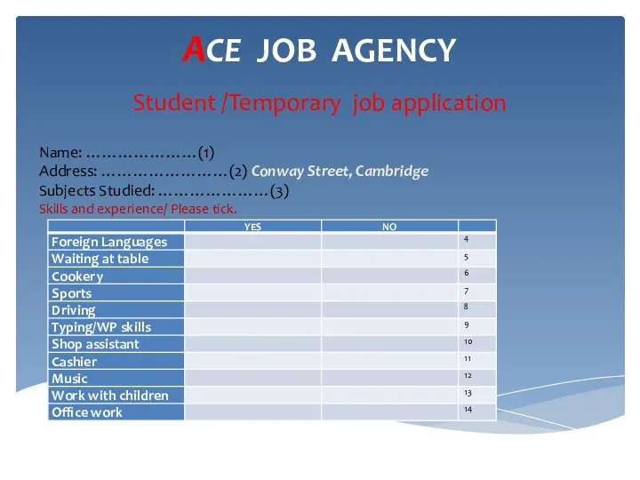 ACE JOB AGENCY Student /Temporary job application Name: …………………(1) Address: