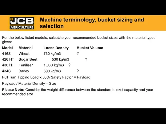 For the below listed models, calculate your recommended bucket sizes