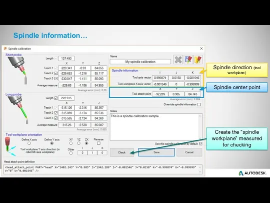 Spindle information… Spindle direction (tool workplane) Spindle center point Create the “spindle workplane” measured for checking