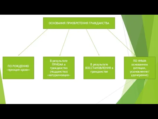 ОСНОВАНИЯ ПРИОБРЕТЕНИЯ ГРАЖДАНСТВА ПО РОЖДЕНИЮ «принцип крови» В результате ПРИЕМА