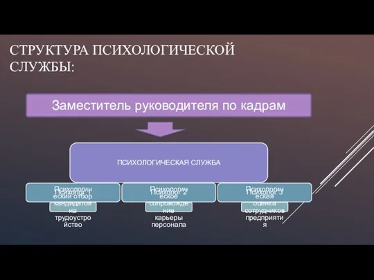 СТРУКТУРА ПСИХОЛОГИЧЕСКОЙ СЛУЖБЫ: ПСИХОЛОГИЧЕСКАЯ СЛУЖБА Психолог 1 Психологический отбор кандидатов