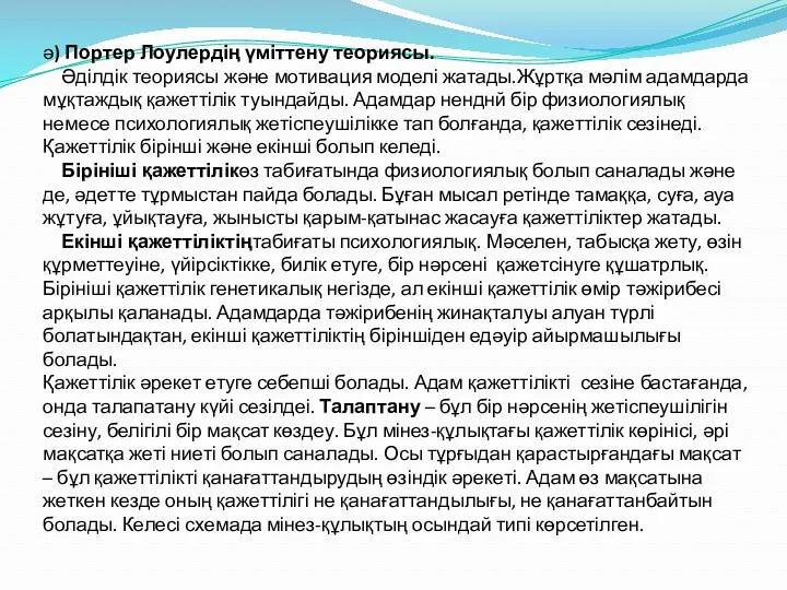 ә) Портер Лоулердің үміттену теориясы. Әділдік теориясы және мотивация моделі