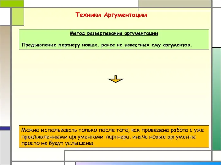 Техники Аргументации Метод развертывания аргументации Предъявление партнеру новых, ранее не