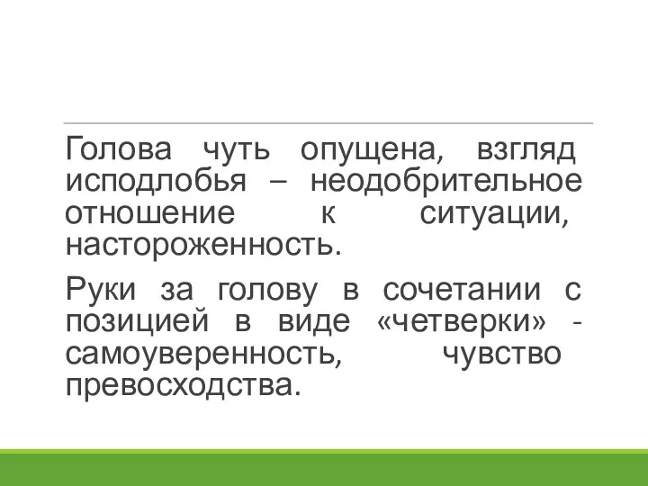 Голова чуть опущена, взгляд исподлобья – неодобрительное отношение к ситуации, настороженность. Руки за