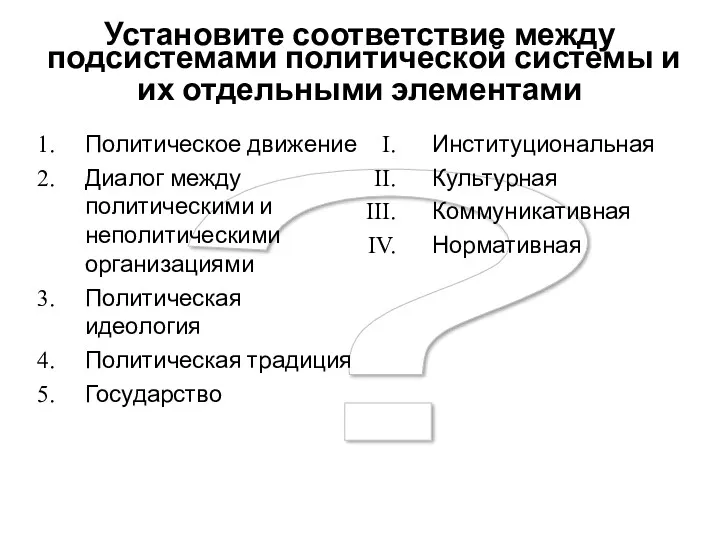 ? Установите соответствие между подсистемами политической системы и их отдельными