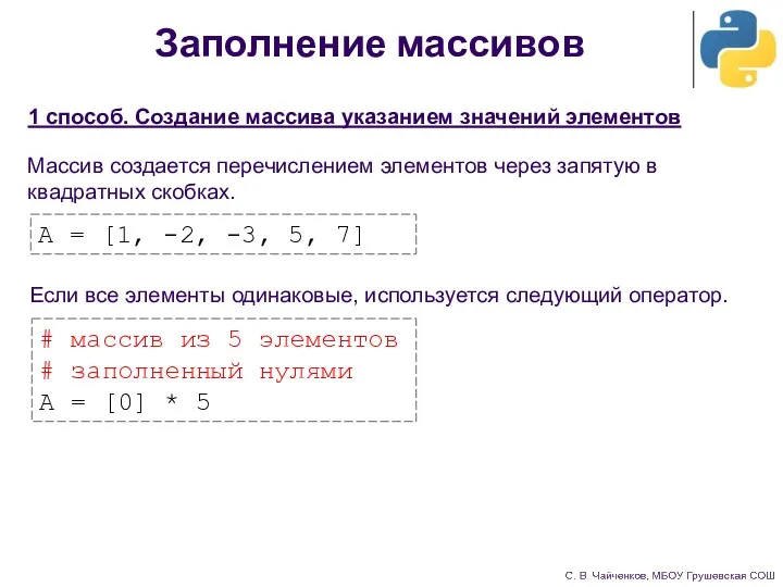 Заполнение массивов 1 способ. Создание массива указанием значений элементов