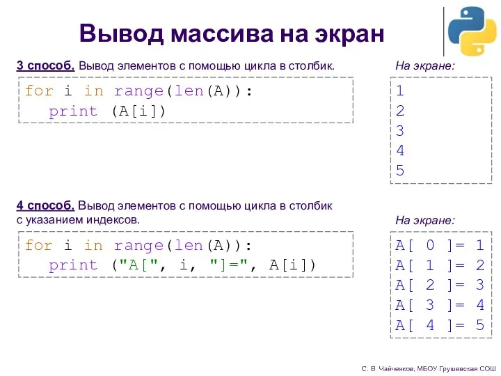 Вывод массива на экран 3 способ. Вывод элементов с помощью