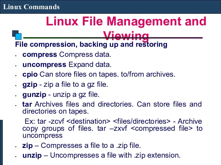 Linux File Management and Viewing Linux Commands File compression, backing