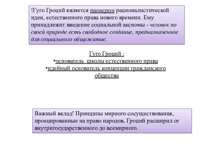 !Гуго Гроций является пионером рационалистической идеи, естественного права нового времени.