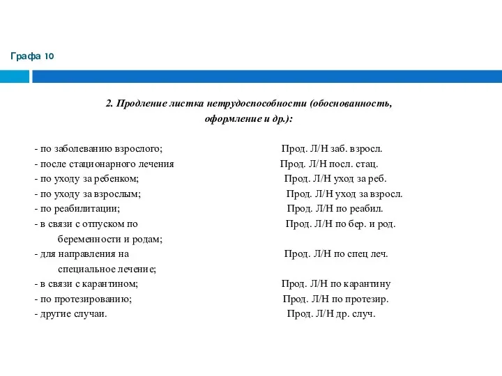 Графа 10 2. Продление листка нетрудоспособности (обоснованность, оформление и др.):