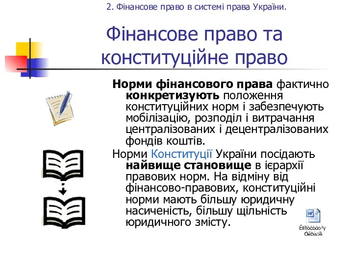 Фінансове право та конституційне право Норми фінансового права фактично конкретизують положення конституційних норм