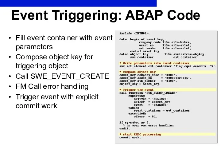 Event Triggering: ABAP Code Fill event container with event parameters