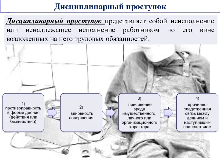 Дисциплинарный проступок Дисциплинарный проступок представляет собой неисполнение или ненадлежащее исполнение