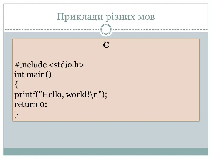 Приклади різних мов C #include int main() { printf("Hello, world!\n"); return 0; }