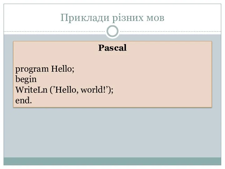 Приклади різних мов Pascal program Hello; begin WriteLn (’Hello, world!’); end.