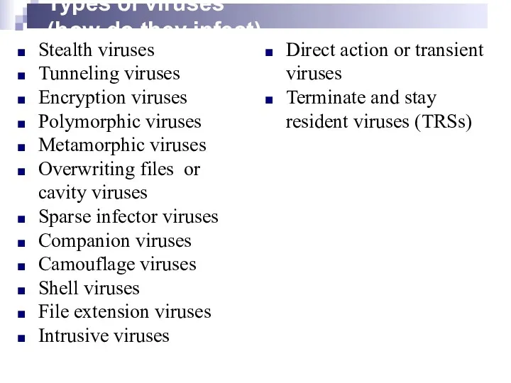 Types of viruses (how do they infect) Stealth viruses Tunneling