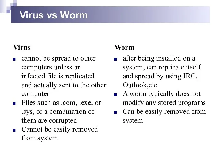 Virus vs Worm Virus cannot be spread to other computers