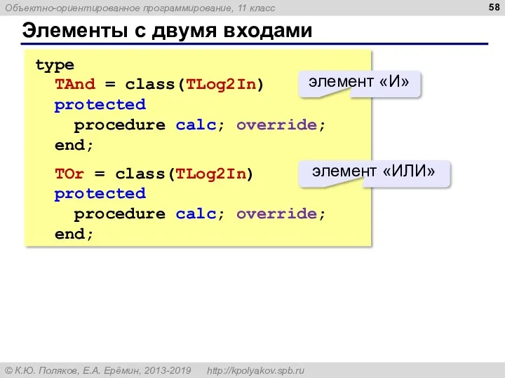 Элементы с двумя входами type TAnd = class(TLog2In) protected procedure