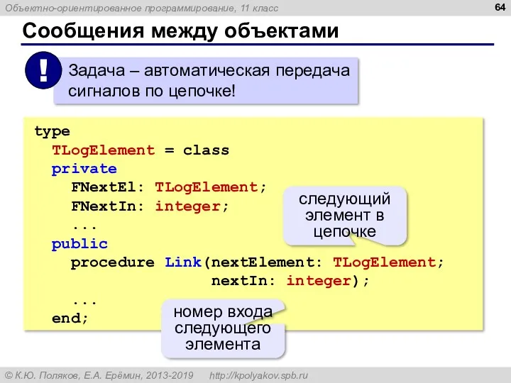 Сообщения между объектами type TLogElement = class private FNextEl: TLogElement;