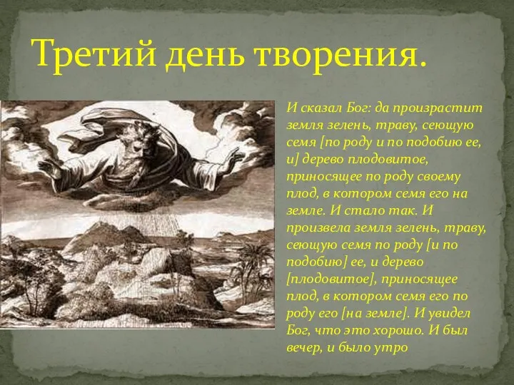 Третий день творения. И сказал Бог: да произрастит земля зелень,