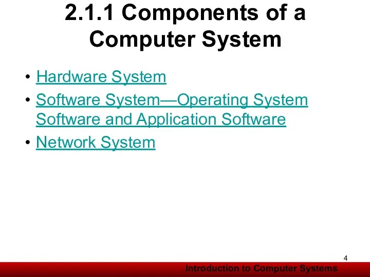 2.1.1 Components of a Computer System Hardware System Software System—Operating