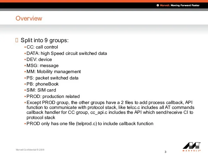 Overview Split into 9 groups: CC: call control DATA: high