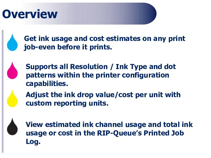 Overview Get ink usage and cost estimates on any print