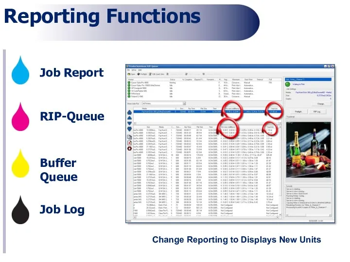 Reporting Functions Job Report RIP-Queue Buffer Queue Job Log Change Reporting to Displays New Units