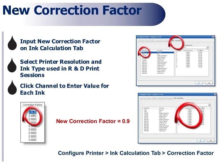 New Correction Factor Configure Printer > Ink Calculation Tab >