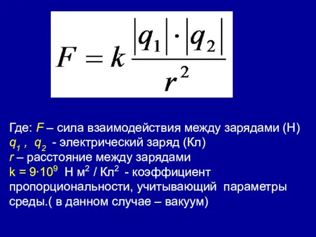 Где: F – сила взаимодействия между зарядами (Н) q1 ,