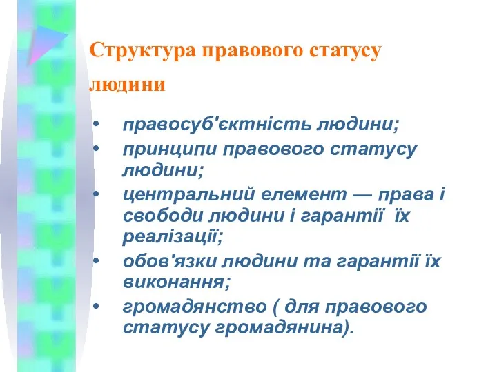 Структура правового статусу людини правосуб'єктність людини; принципи правового статусу людини;