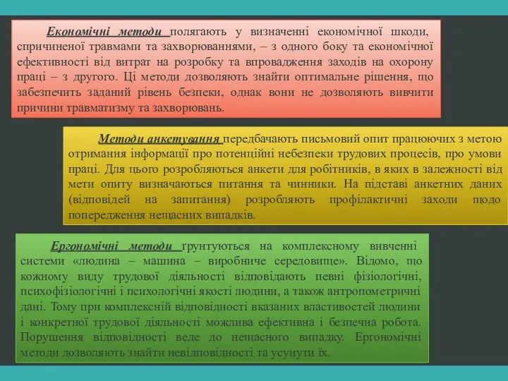 Економічні методи полягають у визначенні економічної шкоди, спричиненої травмами та