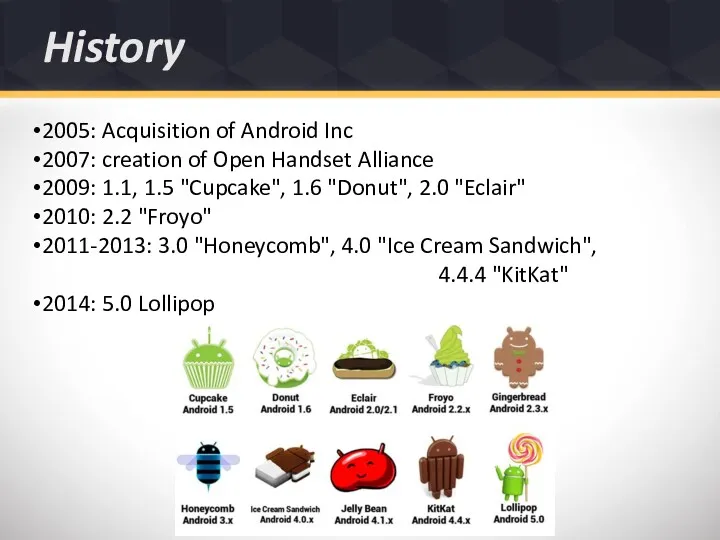 History 2005: Acquisition of Android Inc 2007: creation of Open