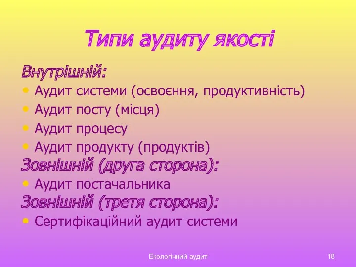 Екологічний аудит Типи аудиту якості Внутрішній: Аудит системи (освоєння, продуктивність)