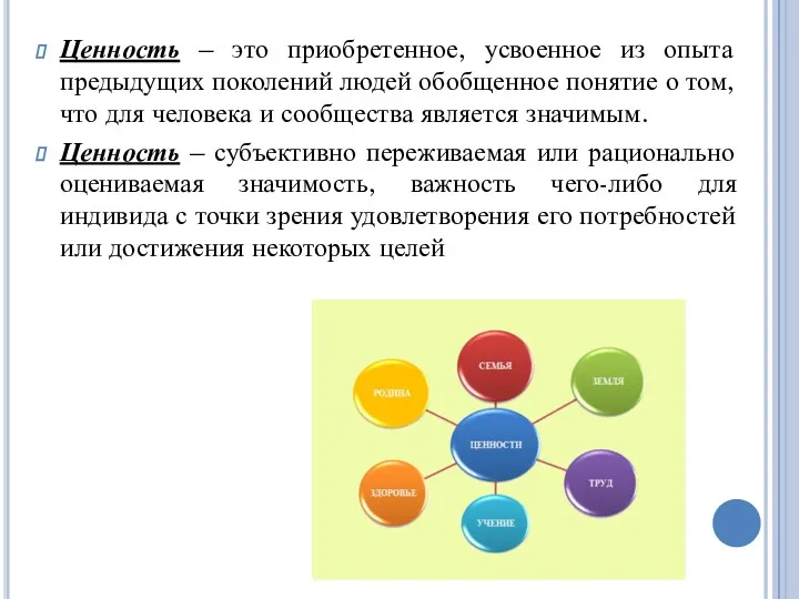 Ценность – это приобретенное, усвоенное из опыта предыдущих поколений людей