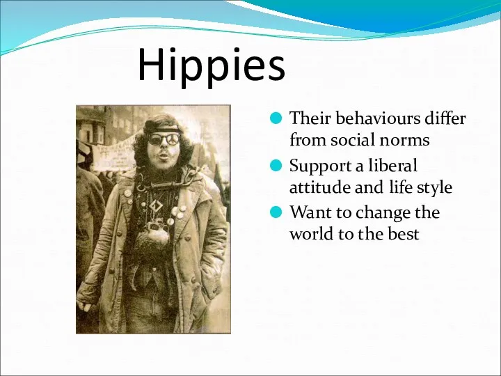 Hippies Their behaviours differ from social norms Support a liberal attitude and life